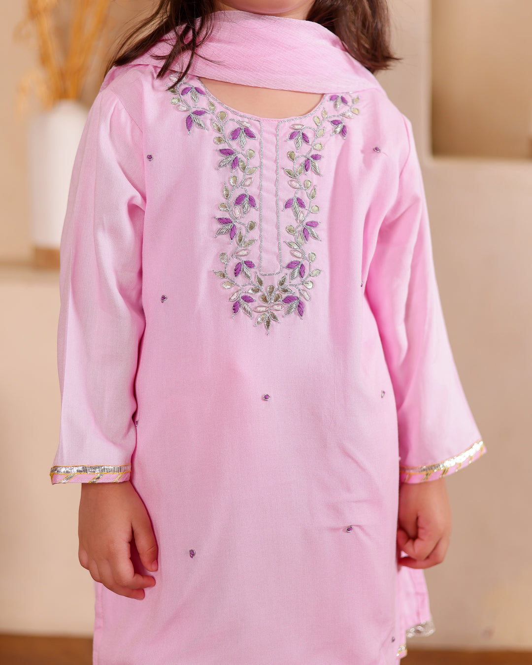 Little Blossoms Pink Kurti with Pant Set (Set of 3)