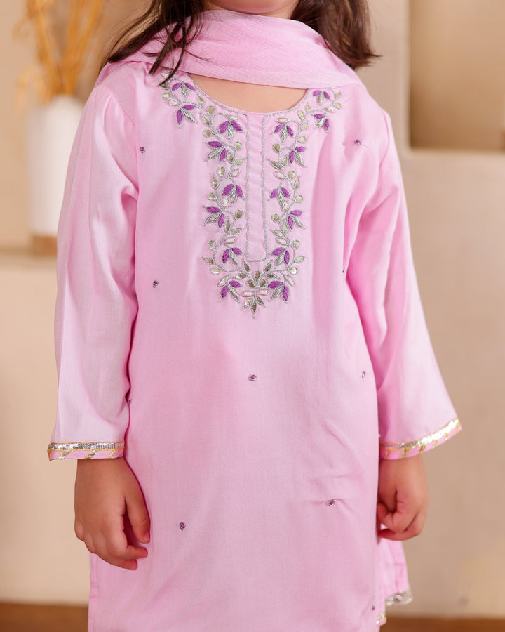 Little Blossoms Pink Kurti with Pant Set (Set of 3)