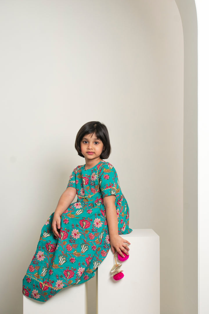 GIRLS BLUE FLORAL ANKLE LENGTH ETHNIC GOTA DRESS WITH POM POM