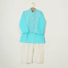 BOYS SKY BLUE JACKET WITH KURTA AND OFF WHITE PAJAMA (SET OF 3)
