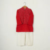 BOYS RED JACKET WITH RED POLKA DOT KURTA AND OFF WHITE PAJAMA (SET OF 3)