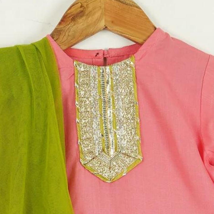 Pink Kurti with Gota Lace and Green Floral Lehenga and Dupatta