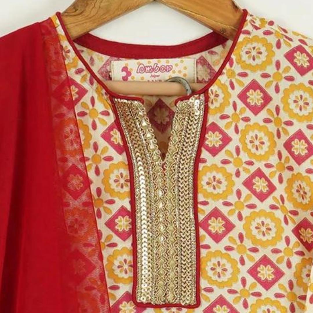 Yellow Motif Kurti with Gota Lace with Red Afghani Salwar and Dupatta