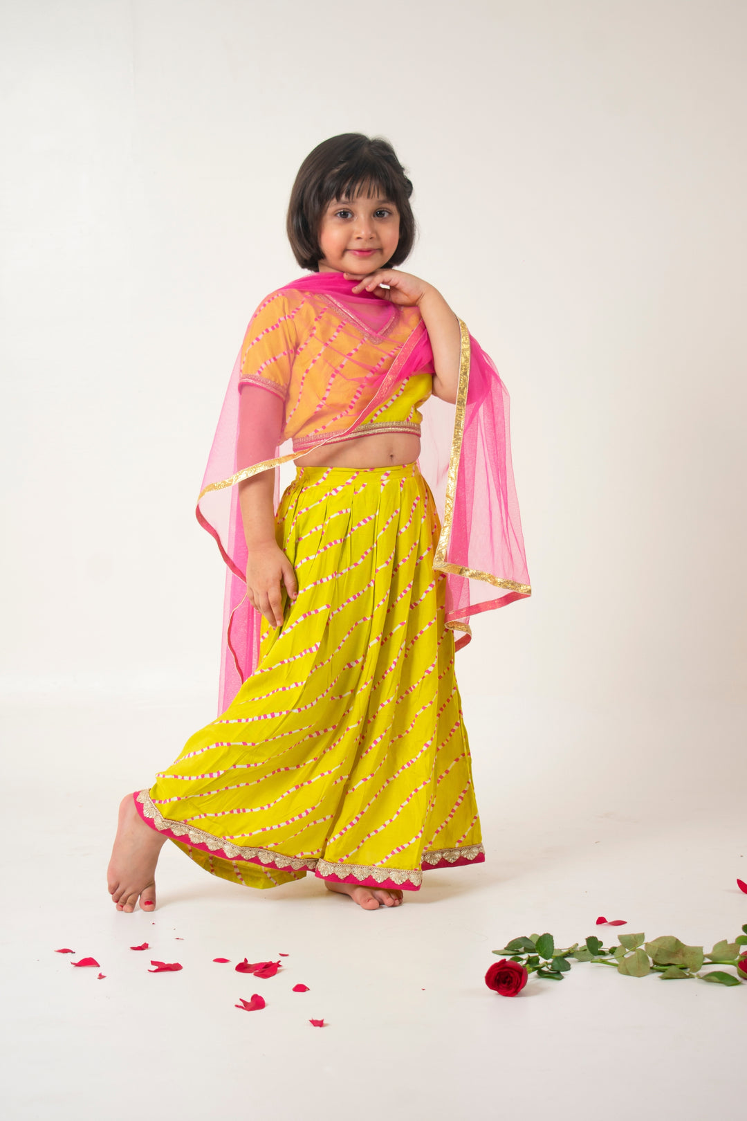 GIRLS GREEN LEHERIYA MUSLIN BACKLESS TOP WITH GREEN LEHERIYA MUSLIN LEHENGA AND DUPATTA (SET OF 3)