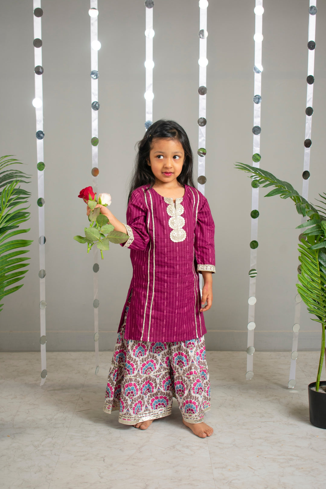GIRLS PURPLE KURTI WITH MULTICOLOR FLORAL SHARARA AND DUPATTA (SET OF 3)
