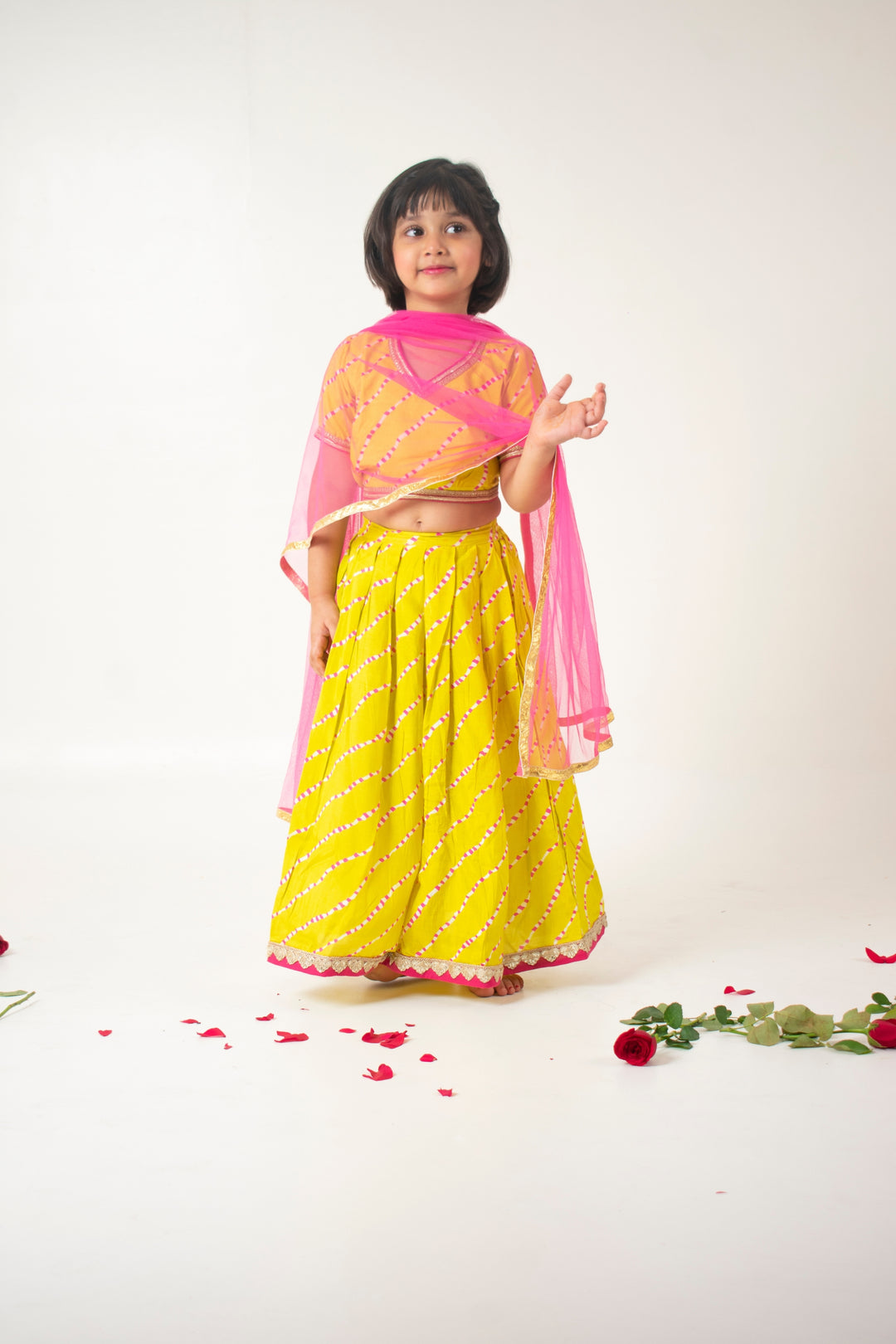 GIRLS GREEN LEHERIYA MUSLIN BACKLESS TOP WITH GREEN LEHERIYA MUSLIN LEHENGA AND DUPATTA (SET OF 3)