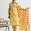 WOMEN YELLOW FLORAL KURTA WITH PANT AND CHIFFON LEHERIYA DUPATTA (SET OF 3)