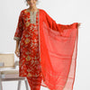 WOMEN RED FLORAL KURTA WITH PANT AND CHANDERI DUPATTA (SET OF 3)