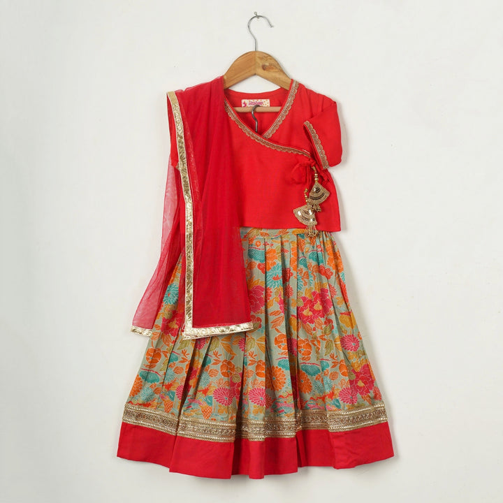 GIRLS RED ANGRAKHA TOP WITH MULTI COLORED LEHENGA AND DUPATTA (SET OF 3)