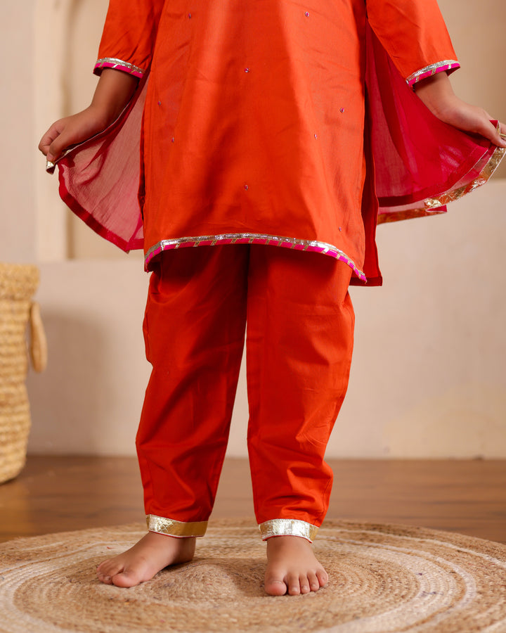 Rust-Orange Festive Kurta Set with Pant and Dupatta (Set of 3)