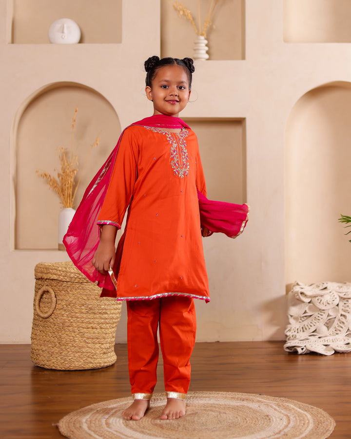 Rust-Orange Festive Kurta Set with Pant and Dupatta (Set of 3)