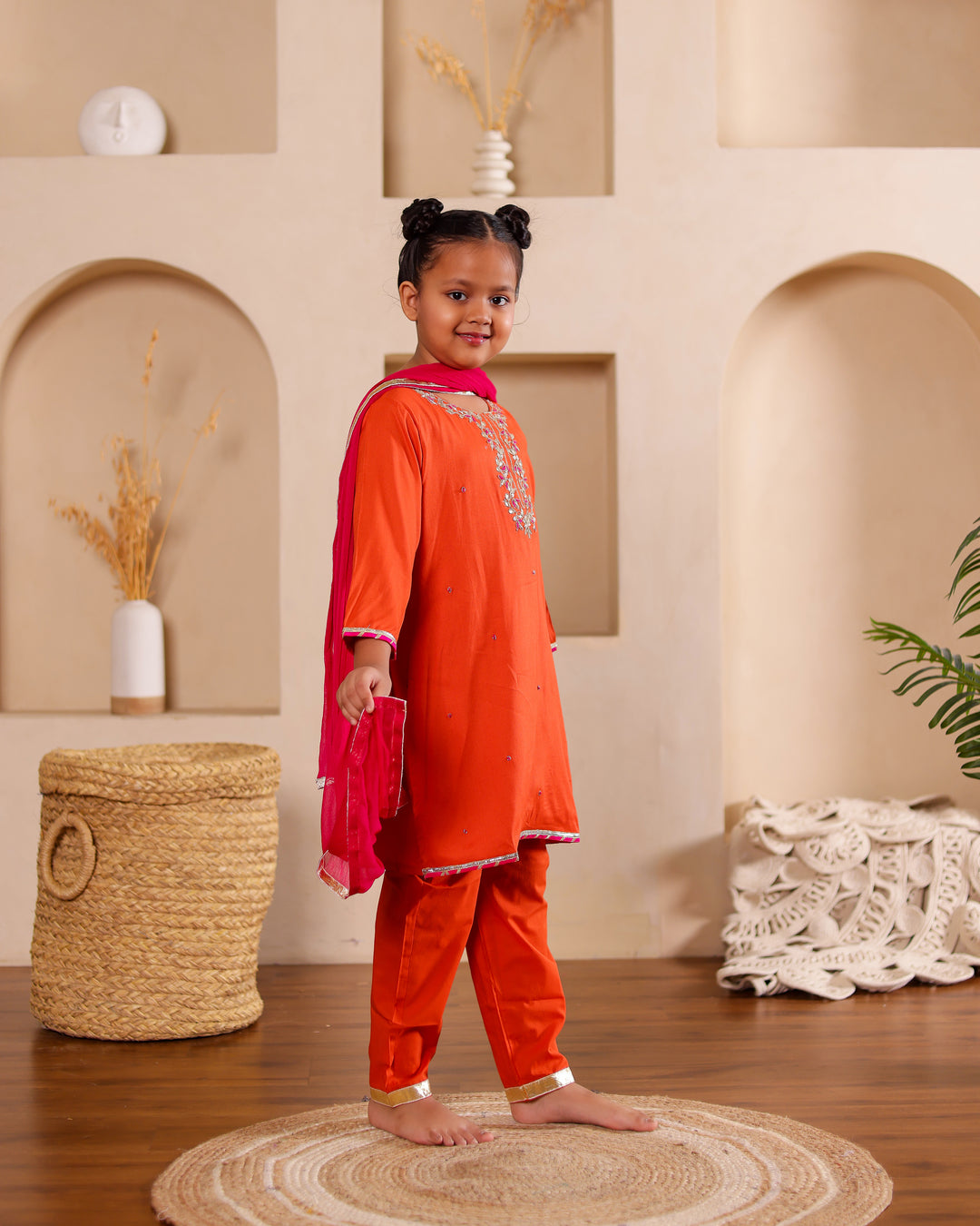 Rust-Orange Festive Kurta Set with Pant and Dupatta (Set of 3)