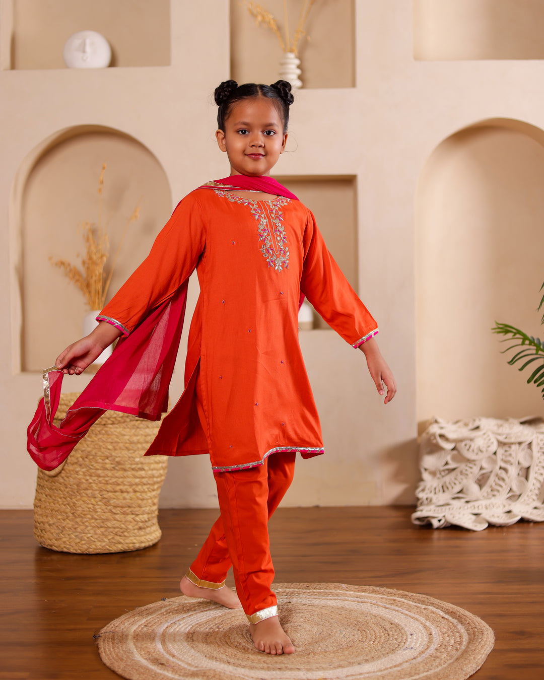 Rust-Orange Festive Kurta Set with Pant and Dupatta (Set of 3)
