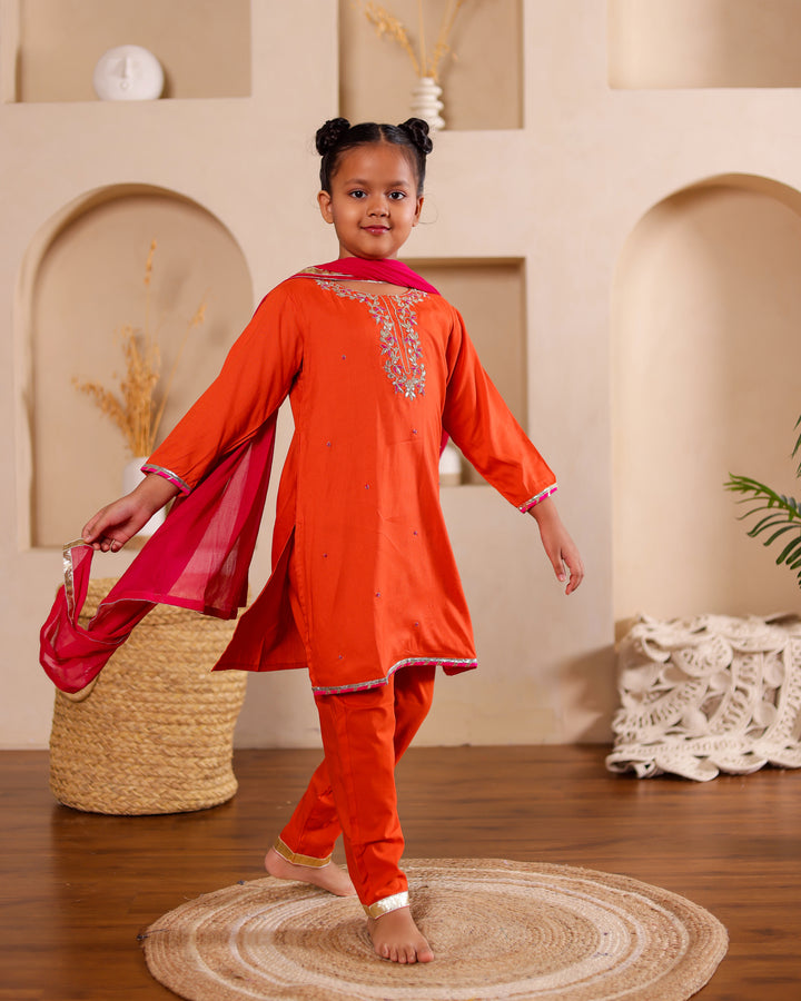 Rust-Orange Festive Kurta Set with Pant and Dupatta (Set of 3)