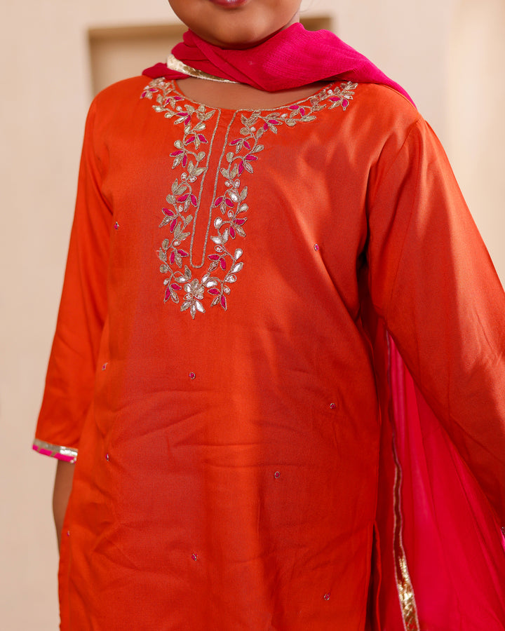 Rust-Orange Festive Kurta Set with Pant and Dupatta (Set of 3)