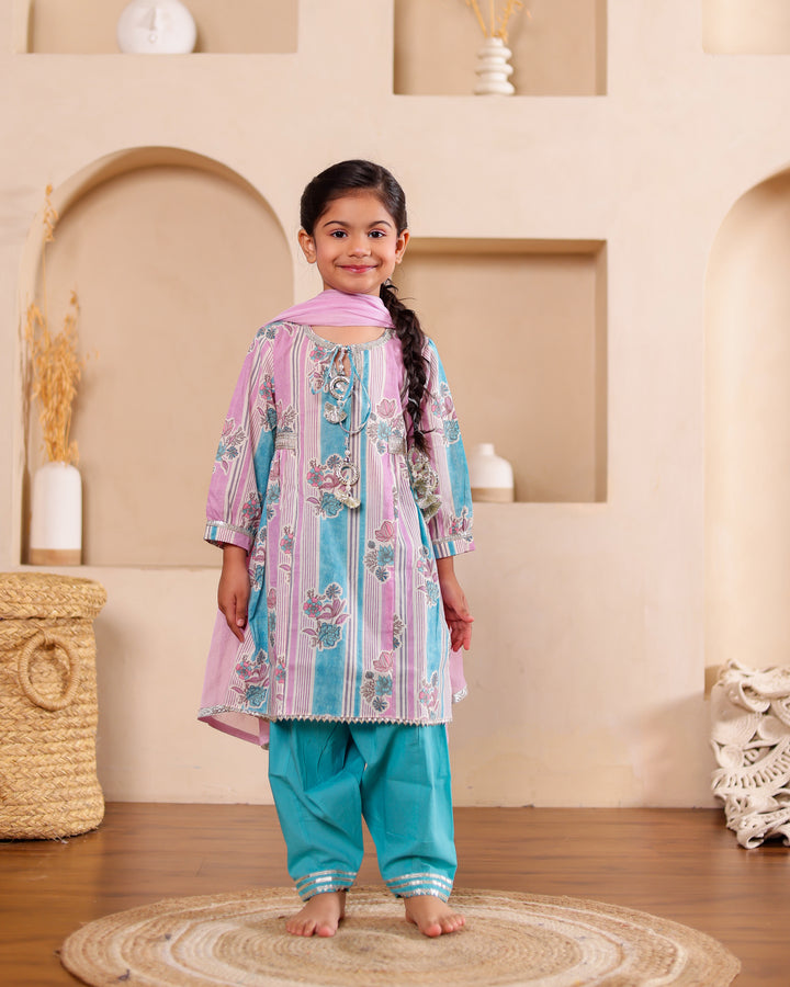 Girls Turquoise Floral & Stripe Salwar Suit Set (Set of 3)