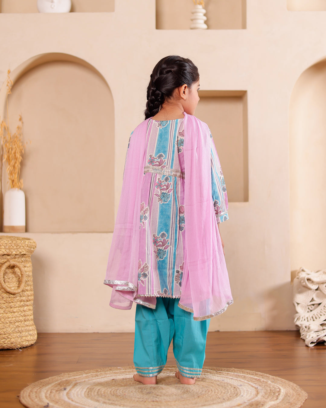Girls Turquoise Floral & Stripe Salwar Suit Set (Set of 3)