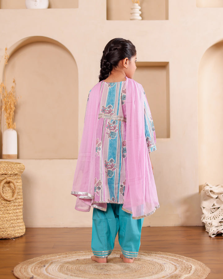 Girls Turquoise Floral & Stripe Salwar Suit Set (Set of 3)
