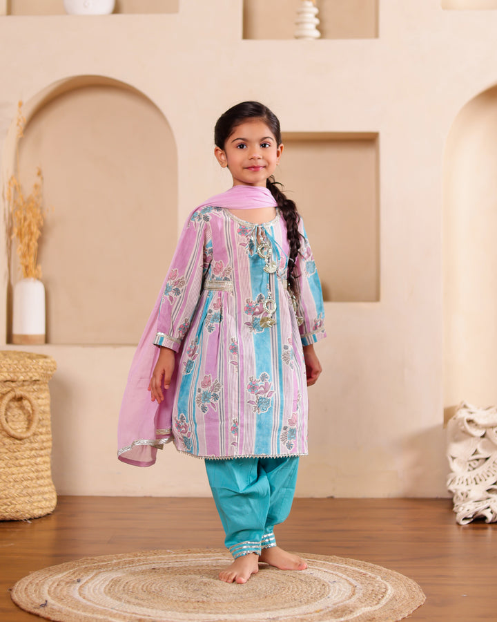 Girls Turquoise Floral & Stripe Salwar Suit Set (Set of 3)