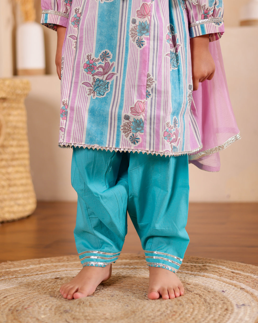 Girls Turquoise Floral & Stripe Salwar Suit Set (Set of 3)