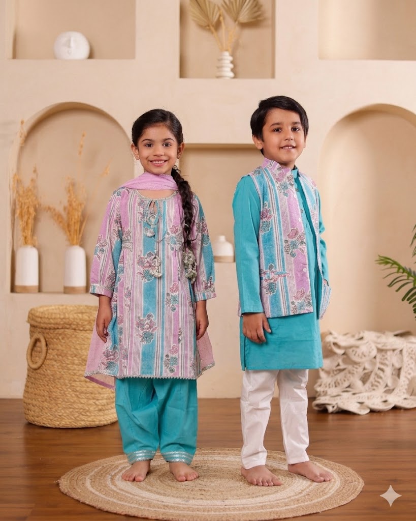 Boys Turquoise Kurta Pajama with Printed Jacket (Set of 3) + Girls Turquoise Floral & Stripe Salwar Suit Set (Set of 3)