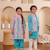 Boys Turquoise Kurta Pajama with Printed Jacket (Set of 3) + Girls Turquoise Floral & Stripe Salwar Suit Set (Set of 3)