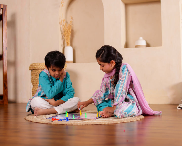 Boys Turquoise Kurta Pajama with Printed Jacket (Set of 3) + Girls Turquoise Floral & Stripe Salwar Suit Set (Set of 3)