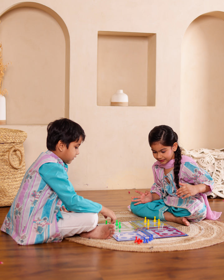 Boys Turquoise Kurta Pajama with Printed Jacket (Set of 3) + Girls Turquoise Floral & Stripe Salwar Suit Set (Set of 3)