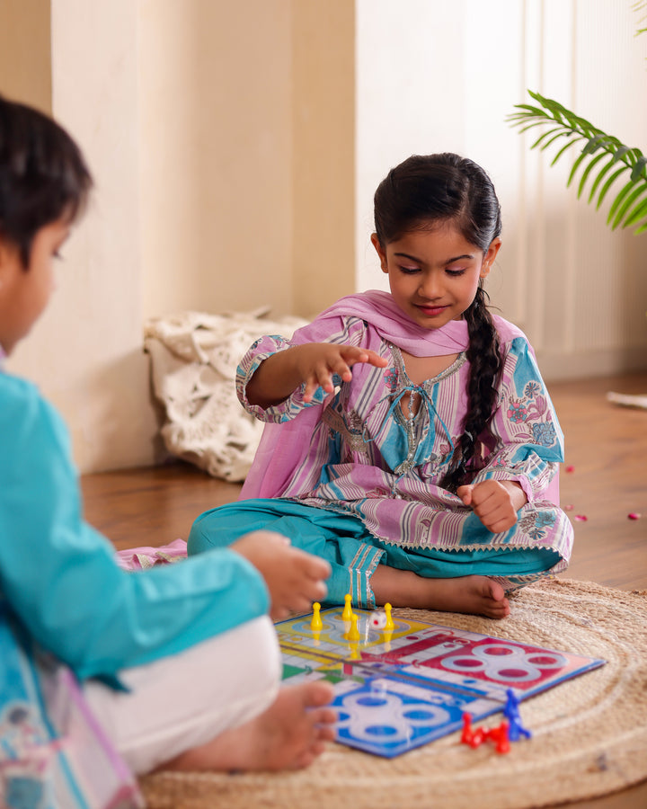 Boys Turquoise Kurta Pajama with Printed Jacket (Set of 3) + Girls Turquoise Floral & Stripe Salwar Suit Set (Set of 3)