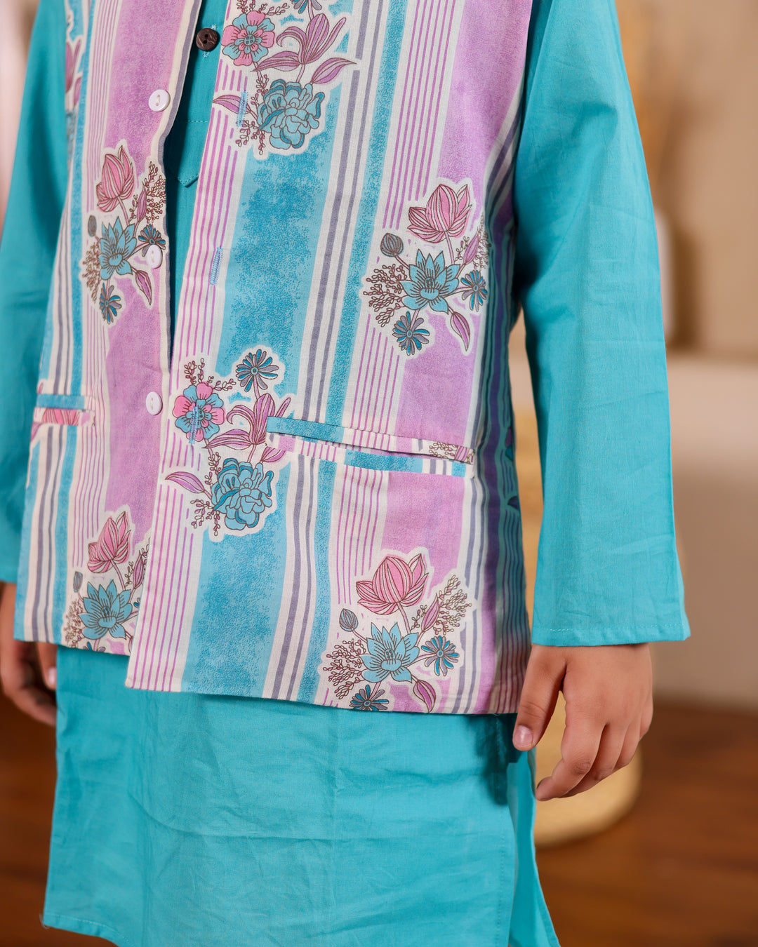 Boys Turquoise Kurta Pajama with Printed Jacket (Set of 3)