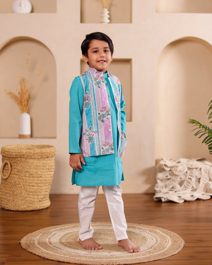 Boys Turquoise Kurta Pajama with Printed Jacket (Set of 3)
