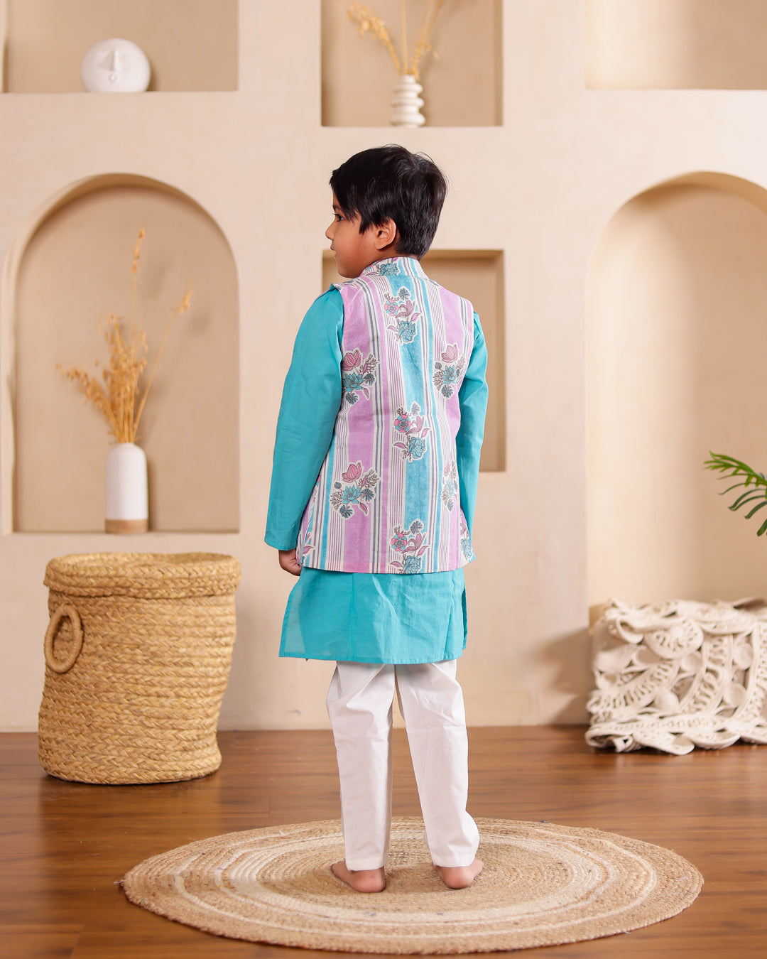 Boys Turquoise Kurta Pajama with Printed Jacket (Set of 3)