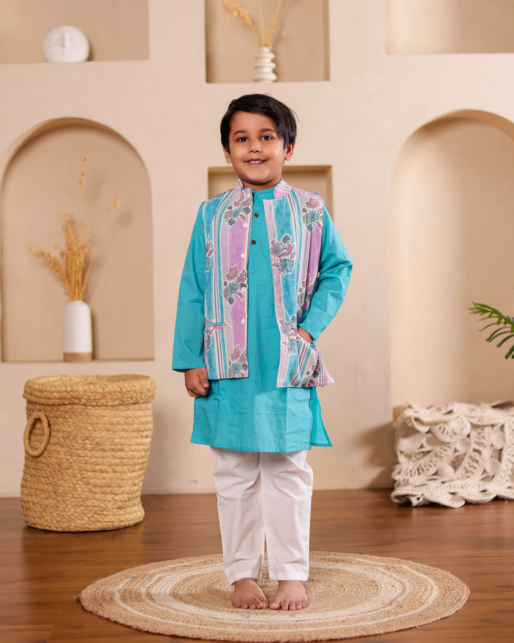 Boys Turquoise Kurta Pajama with Printed Jacket (Set of 3)