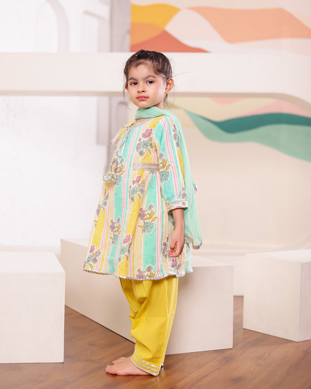 Girls Yellow Green Floral Kurti with Salwar Set (Set of 3)