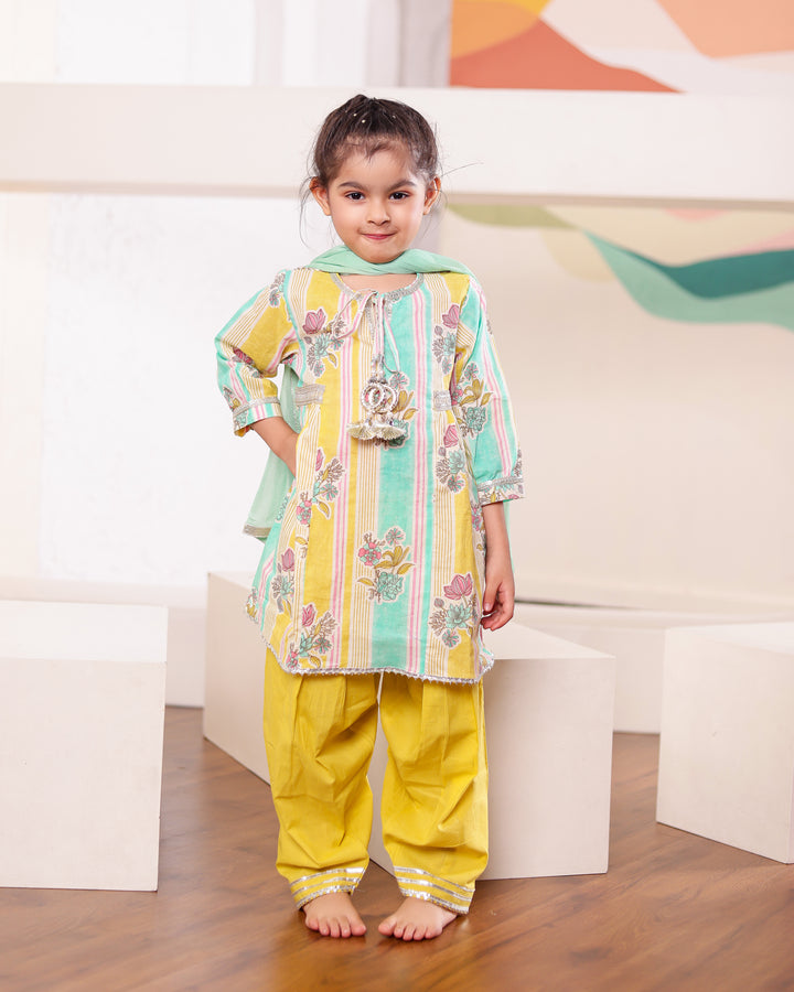 Girls Yellow Green Floral Kurti with Salwar Set (Set of 3)