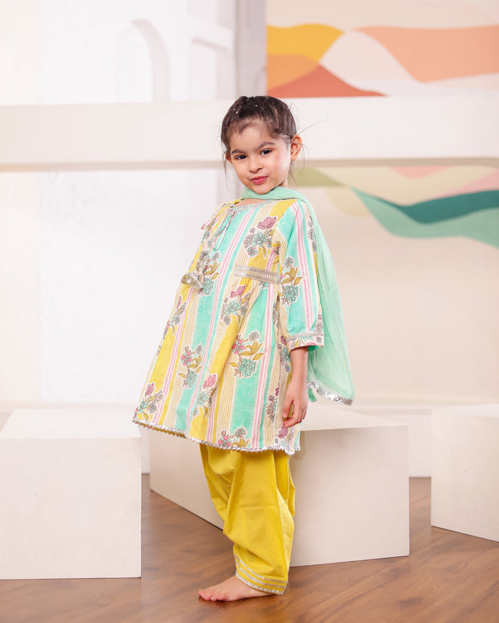 Girls Yellow Green Floral Kurti with Salwar Set (Set of 3)