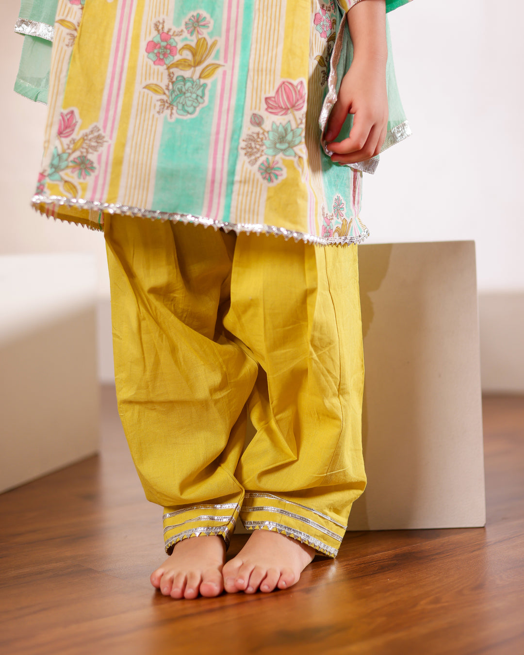 Girls Yellow Green Floral Kurti with Salwar Set (Set of 3)