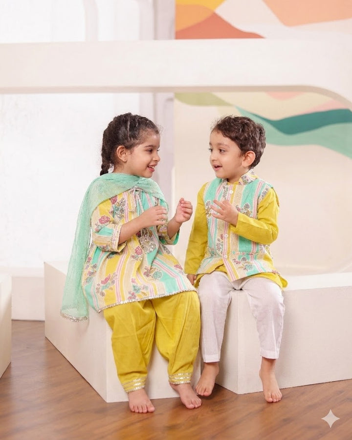Girls Yellow Green Floral Kurti with Salwar Set (Set of 3) + Boys Yellow Kurta Pajama with Printed Jacket (Set of 3)