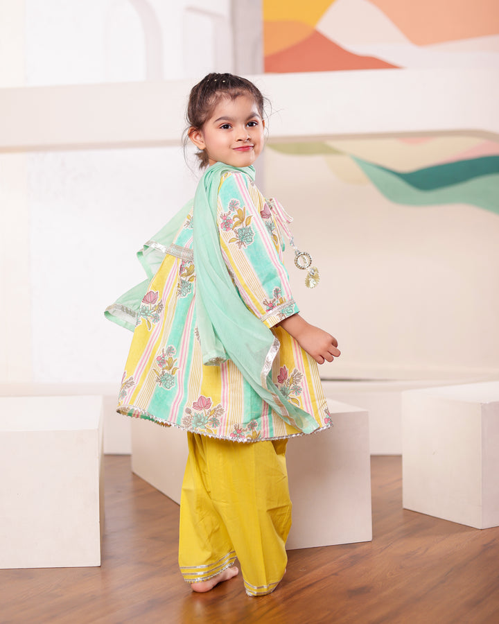 Girls Yellow Green Floral Kurti with Salwar Set (Set of 3) + Boys Yellow Kurta Pajama with Printed Jacket (Set of 3)