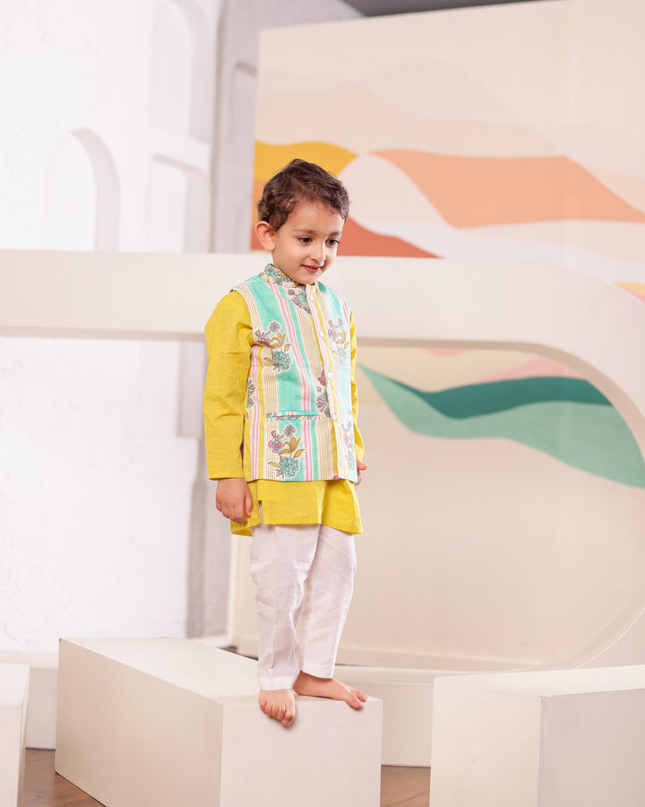Girls Yellow Green Floral Kurti with Salwar Set (Set of 3) + Boys Yellow Kurta Pajama with Printed Jacket (Set of 3)