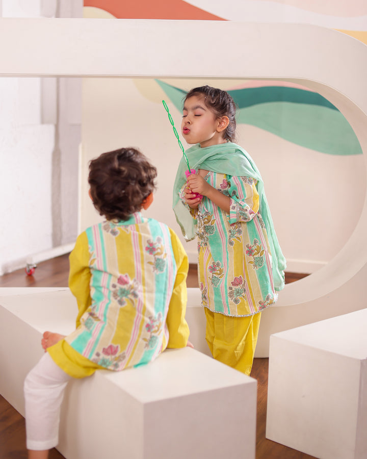 Girls Yellow Green Floral Kurti with Salwar Set (Set of 3) + Boys Yellow Kurta Pajama with Printed Jacket (Set of 3)