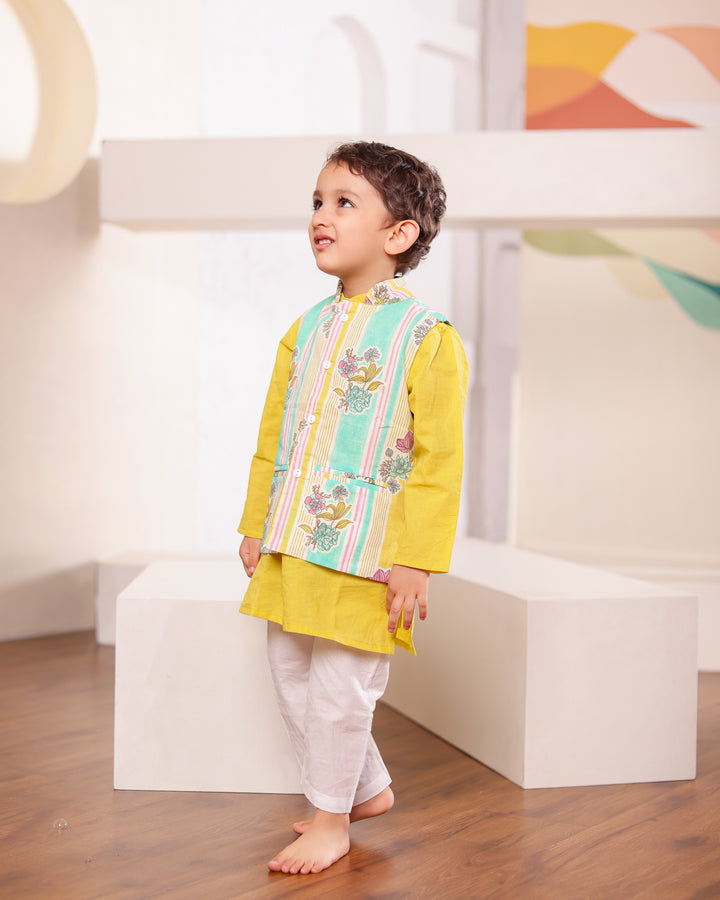 Boys Yellow Kurta Pajama with Printed Jacket (Set of 3)