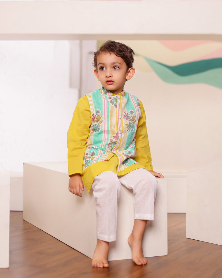 Boys Yellow Kurta Pajama with Printed Jacket (Set of 3)