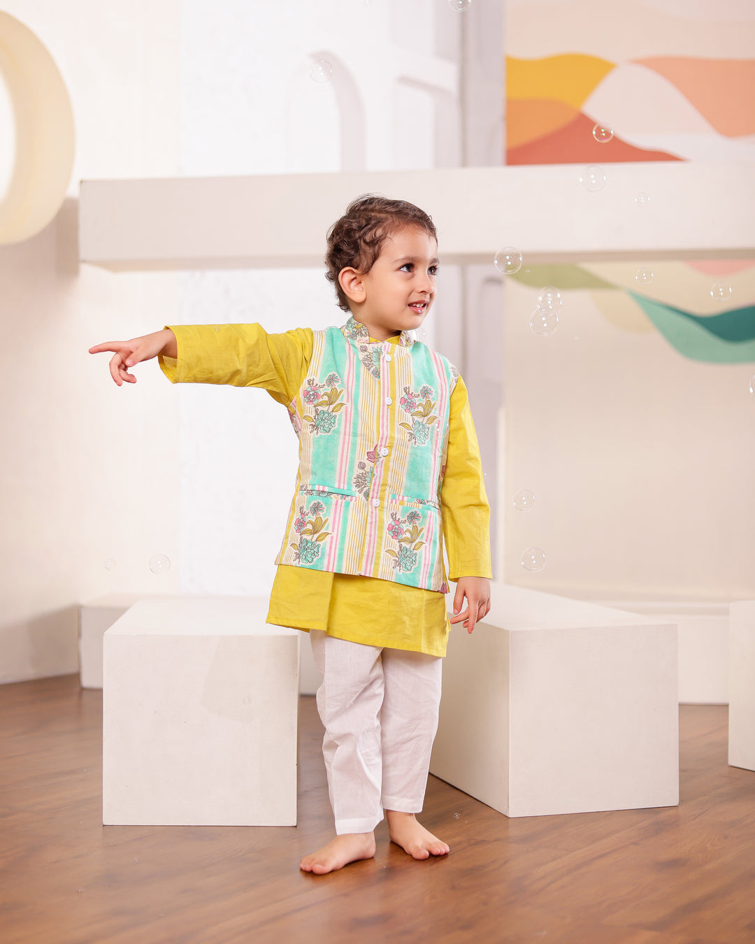Boys Yellow Kurta Pajama with Printed Jacket (Set of 3)