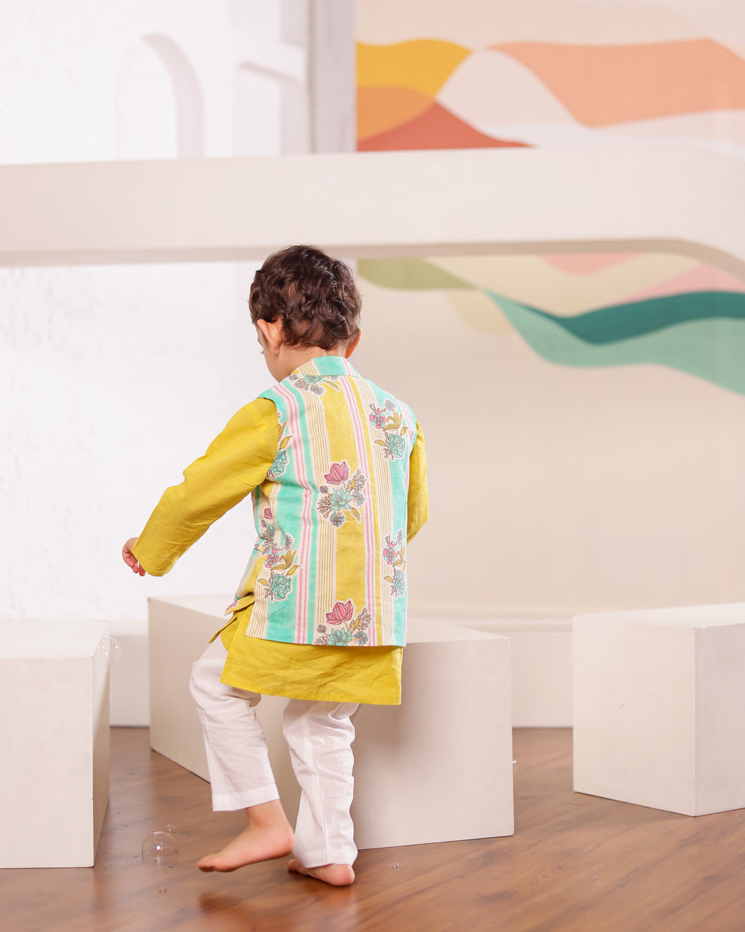 Boys Yellow Kurta Pajama with Printed Jacket (Set of 3)