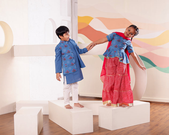 Girls Blue & Red Floral Peplum Sharara Set (Set of 3)