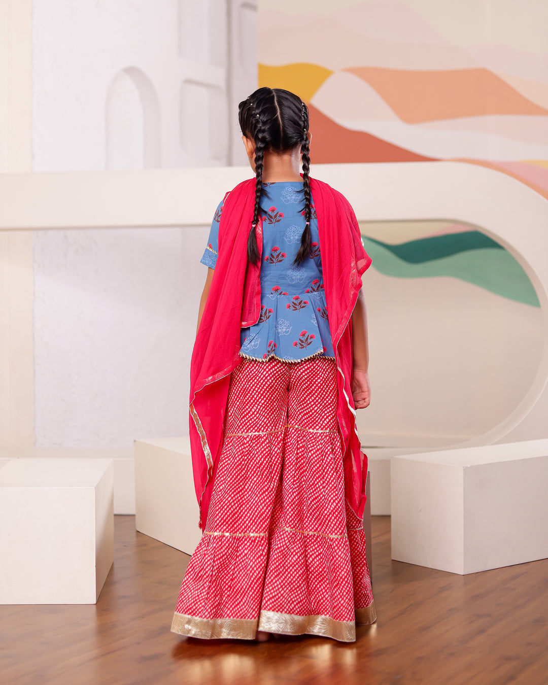 Girls Blue & Red Floral Peplum Sharara Set (Set of 3)
