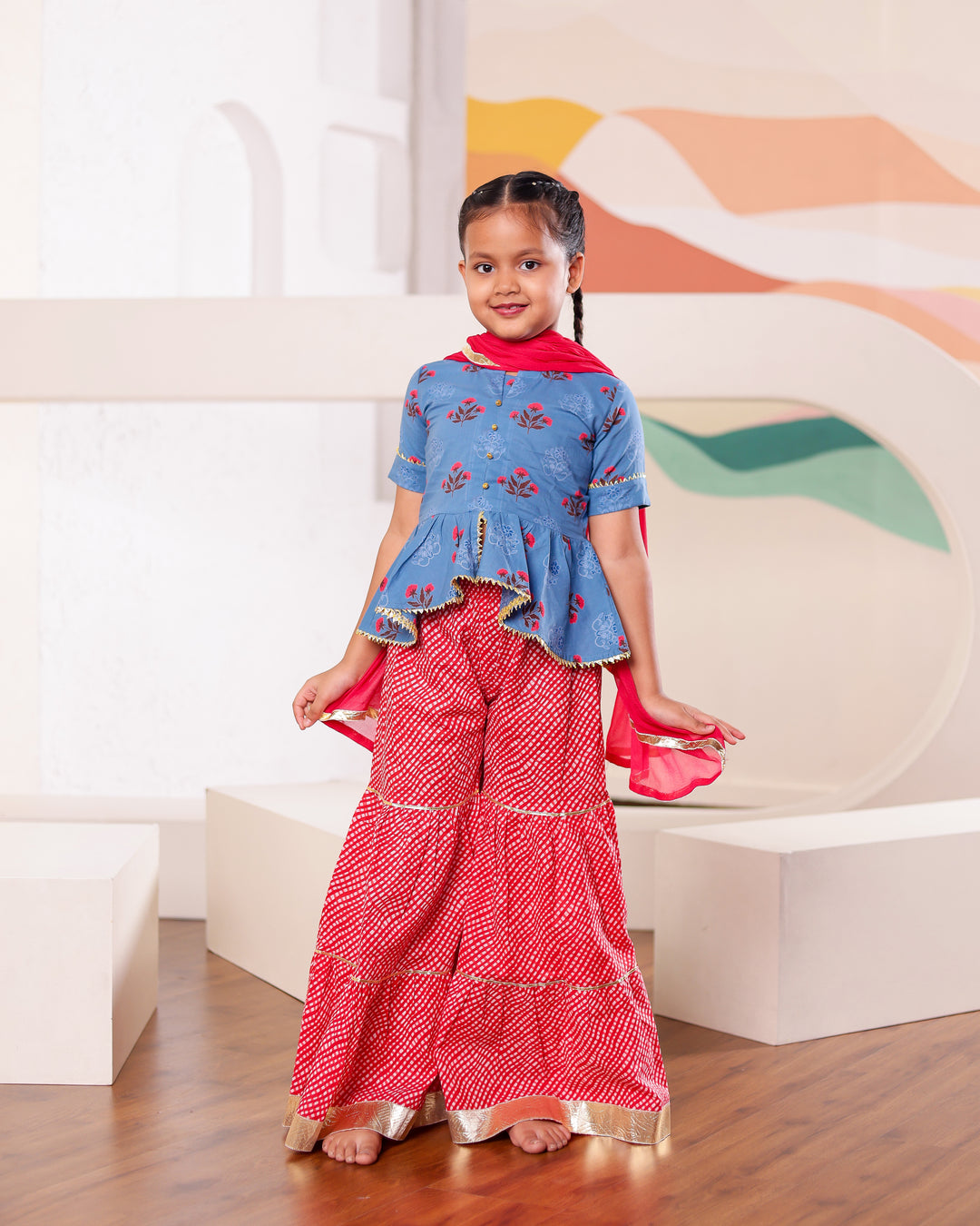 Girls Blue & Red Floral Peplum Sharara Set (Set of 3)