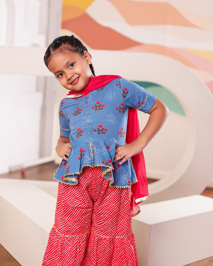 Girls Blue & Red Floral Peplum Sharara Set (Set of 3)