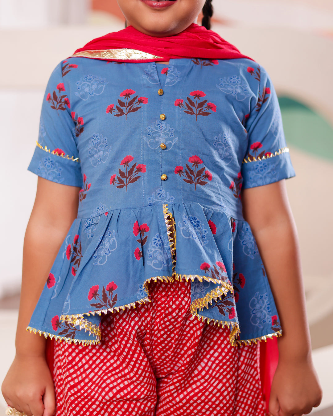 Girls Blue & Red Floral Peplum Sharara Set (Set of 3)
